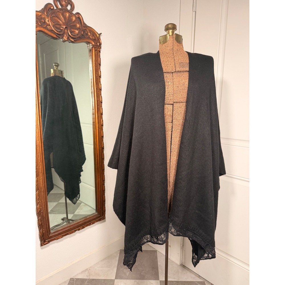 Lane Bryant Black Knit Open Front Wrap Shawl with Lace Trim Trim One Size